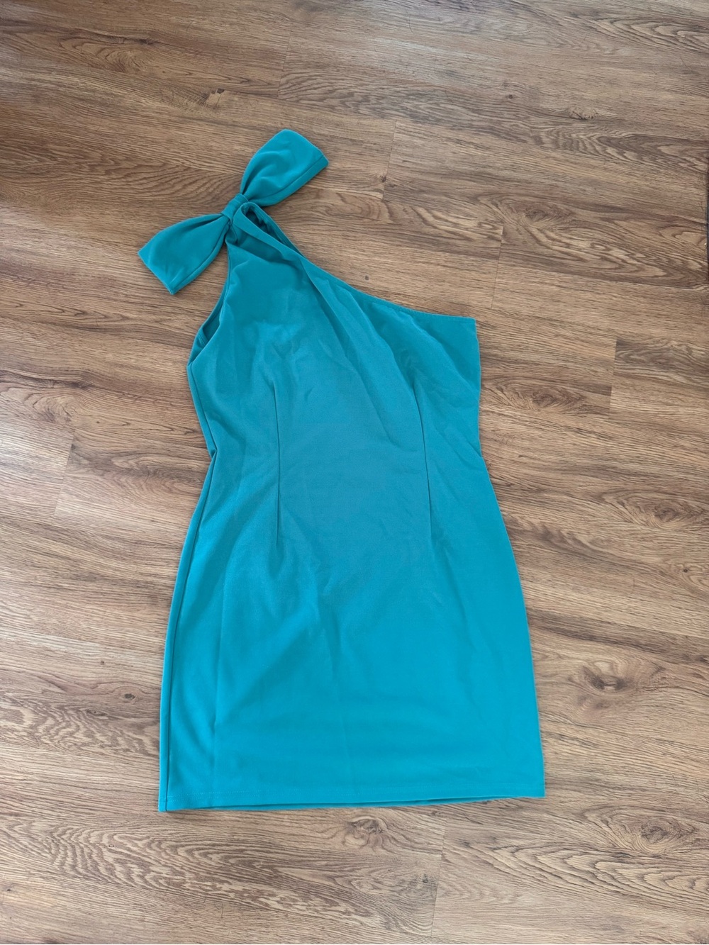 Sleeveless Teal One-Shoulder Tie-Accent Mini Dress